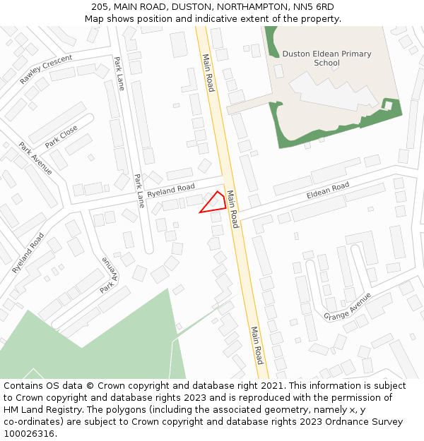 205, MAIN ROAD, DUSTON, NORTHAMPTON, NN5 6RD: Location map and indicative extent of plot