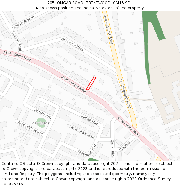 205, ONGAR ROAD, BRENTWOOD, CM15 9DU: Location map and indicative extent of plot