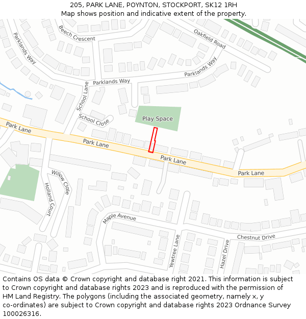 205, PARK LANE, POYNTON, STOCKPORT, SK12 1RH: Location map and indicative extent of plot