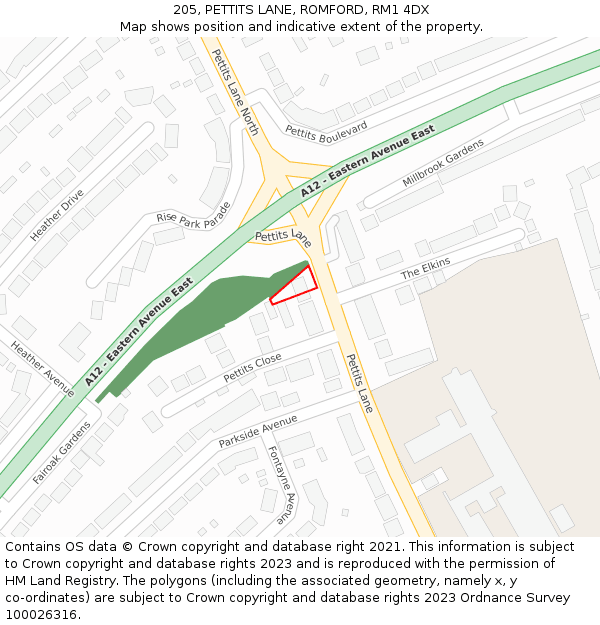 205, PETTITS LANE, ROMFORD, RM1 4DX: Location map and indicative extent of plot