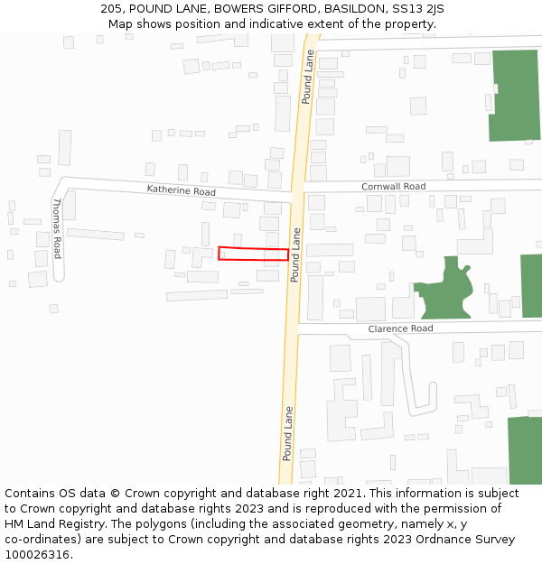 205, POUND LANE, BOWERS GIFFORD, BASILDON, SS13 2JS: Location map and indicative extent of plot