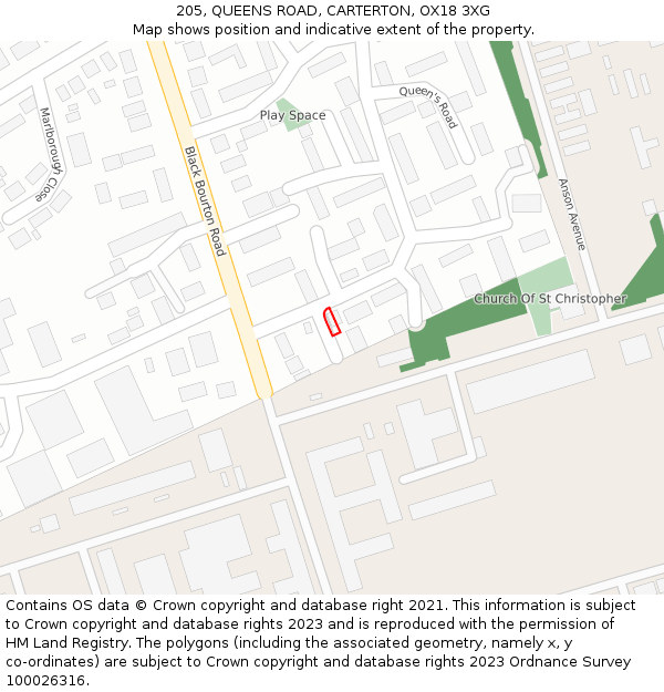 205, QUEENS ROAD, CARTERTON, OX18 3XG: Location map and indicative extent of plot