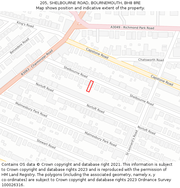 205, SHELBOURNE ROAD, BOURNEMOUTH, BH8 8RE: Location map and indicative extent of plot