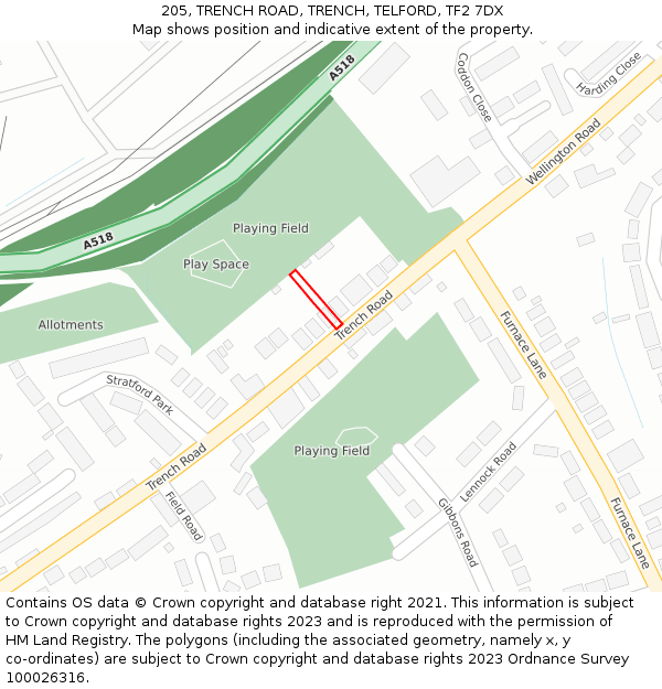 205, TRENCH ROAD, TRENCH, TELFORD, TF2 7DX: Location map and indicative extent of plot