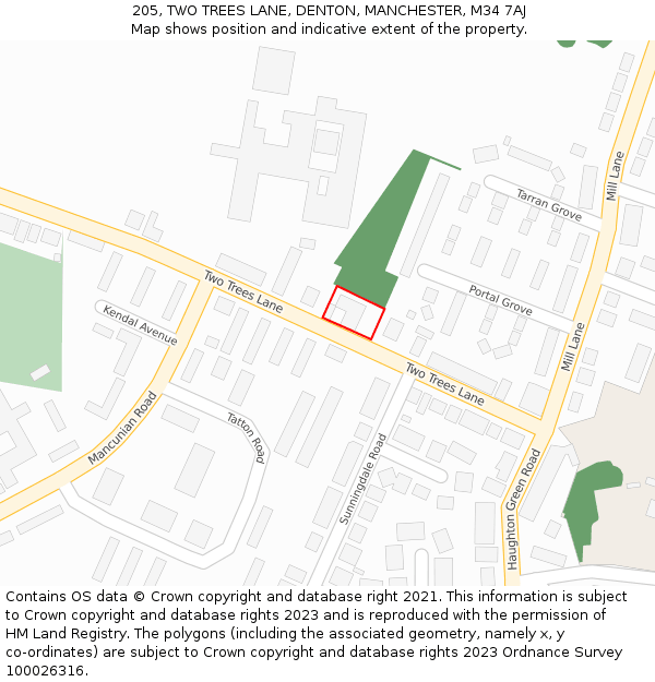 205, TWO TREES LANE, DENTON, MANCHESTER, M34 7AJ: Location map and indicative extent of plot