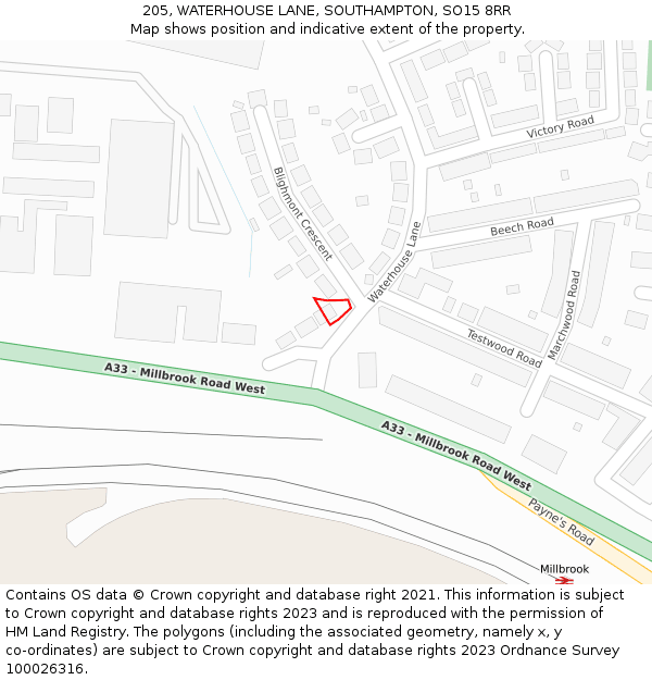 205, WATERHOUSE LANE, SOUTHAMPTON, SO15 8RR: Location map and indicative extent of plot