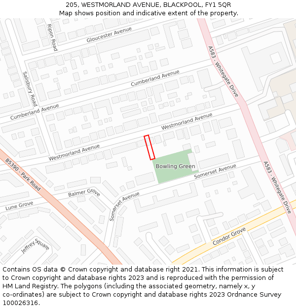 205, WESTMORLAND AVENUE, BLACKPOOL, FY1 5QR: Location map and indicative extent of plot