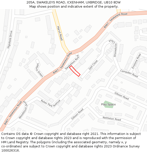 205A, SWAKELEYS ROAD, ICKENHAM, UXBRIDGE, UB10 8DW: Location map and indicative extent of plot