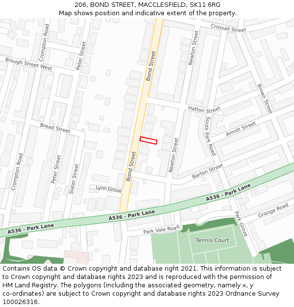 206, BOND STREET, MACCLESFIELD, SK11 6RG: Location map and indicative extent of plot