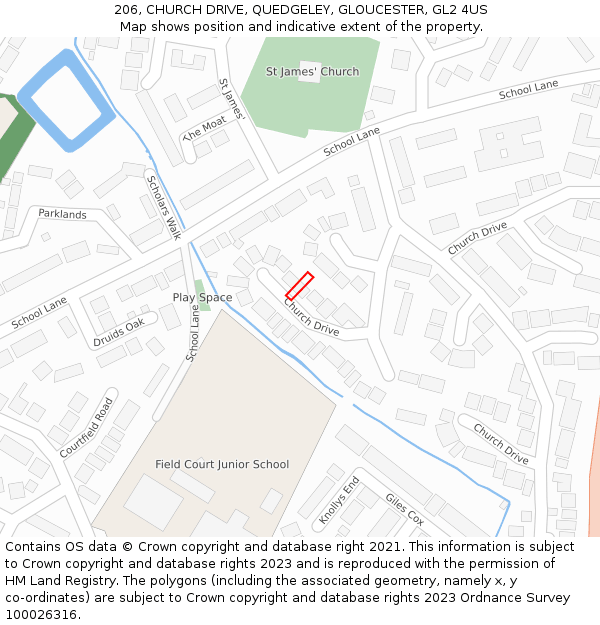 206, CHURCH DRIVE, QUEDGELEY, GLOUCESTER, GL2 4US: Location map and indicative extent of plot