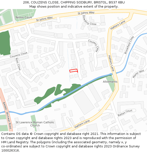 206, COUZENS CLOSE, CHIPPING SODBURY, BRISTOL, BS37 6BU: Location map and indicative extent of plot