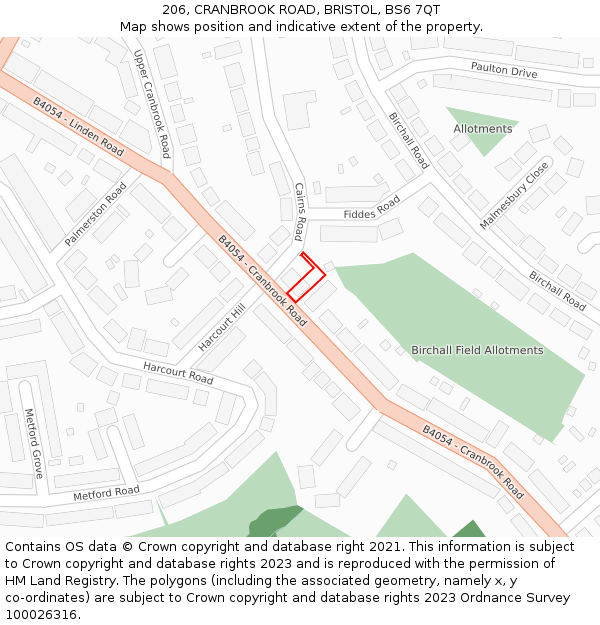 206, CRANBROOK ROAD, BRISTOL, BS6 7QT: Location map and indicative extent of plot