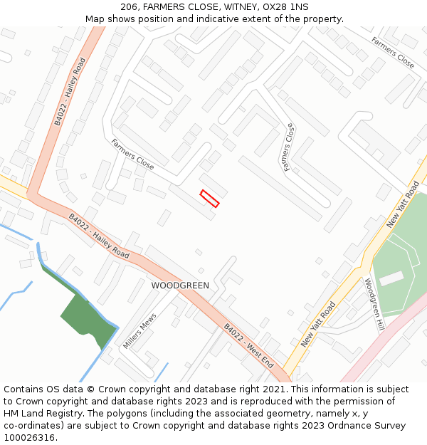 206, FARMERS CLOSE, WITNEY, OX28 1NS: Location map and indicative extent of plot