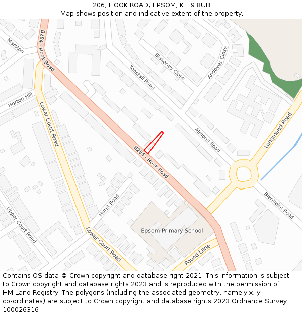 206, HOOK ROAD, EPSOM, KT19 8UB: Location map and indicative extent of plot