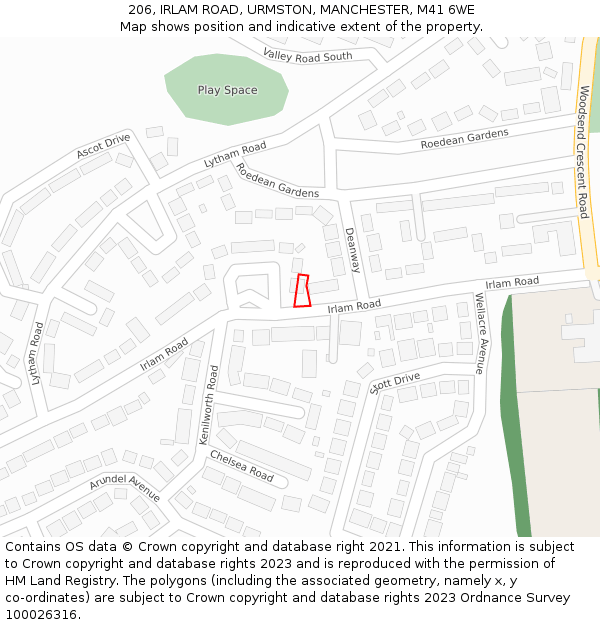 206, IRLAM ROAD, URMSTON, MANCHESTER, M41 6WE: Location map and indicative extent of plot