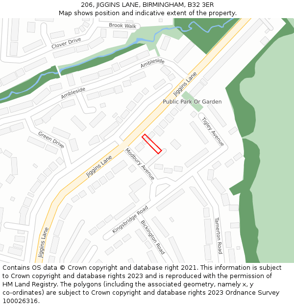 206, JIGGINS LANE, BIRMINGHAM, B32 3ER: Location map and indicative extent of plot