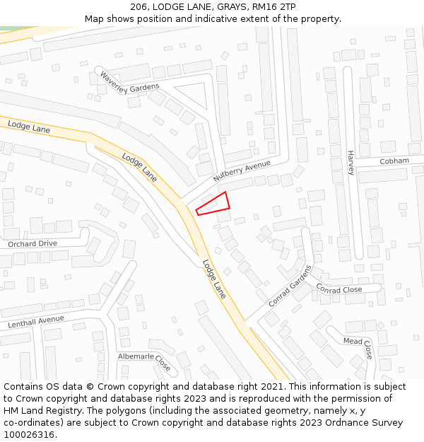 206, LODGE LANE, GRAYS, RM16 2TP: Location map and indicative extent of plot