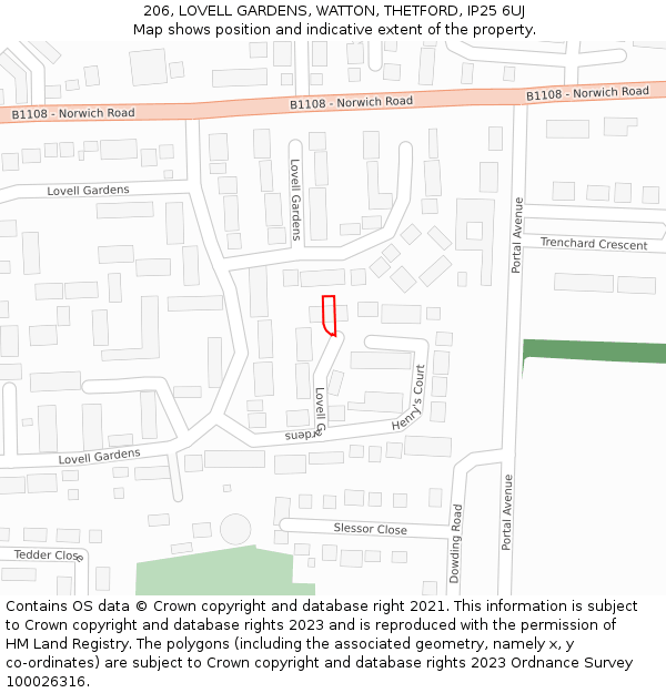 206, LOVELL GARDENS, WATTON, THETFORD, IP25 6UJ: Location map and indicative extent of plot