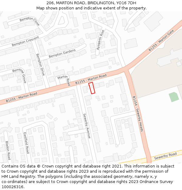 206, MARTON ROAD, BRIDLINGTON, YO16 7DH: Location map and indicative extent of plot