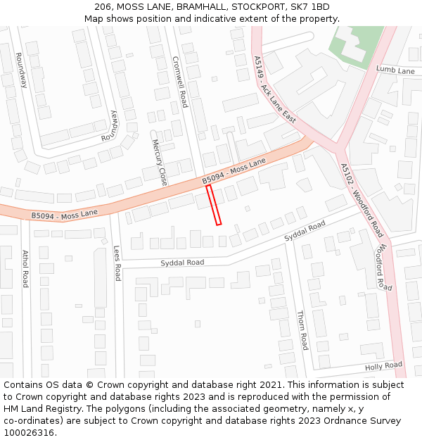 206, MOSS LANE, BRAMHALL, STOCKPORT, SK7 1BD: Location map and indicative extent of plot