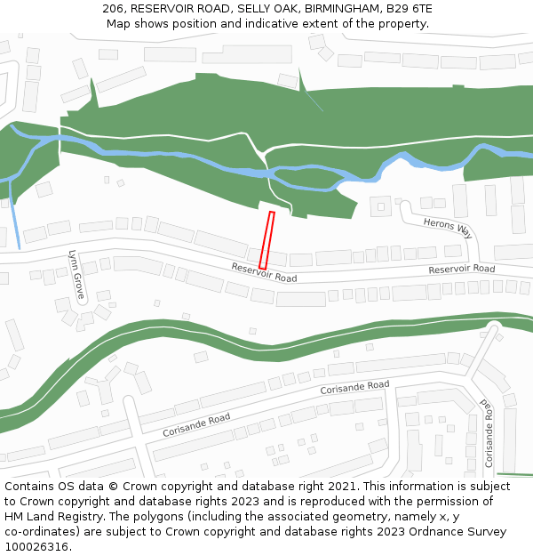 206, RESERVOIR ROAD, SELLY OAK, BIRMINGHAM, B29 6TE: Location map and indicative extent of plot