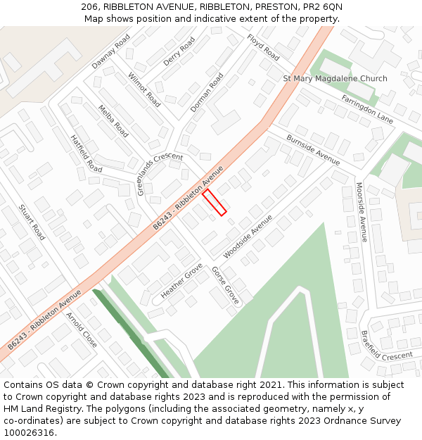 206, RIBBLETON AVENUE, RIBBLETON, PRESTON, PR2 6QN: Location map and indicative extent of plot