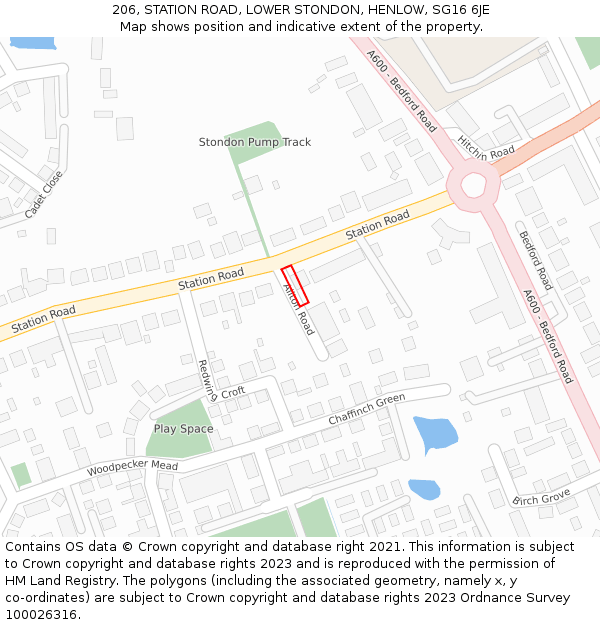 206, STATION ROAD, LOWER STONDON, HENLOW, SG16 6JE: Location map and indicative extent of plot