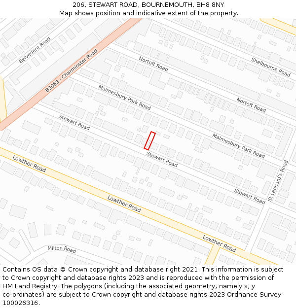 206, STEWART ROAD, BOURNEMOUTH, BH8 8NY: Location map and indicative extent of plot