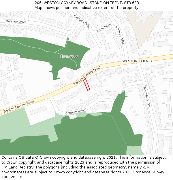 206, WESTON COYNEY ROAD, STOKE-ON-TRENT, ST3 6ER: Location map and indicative extent of plot