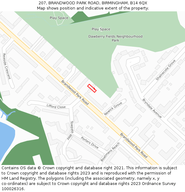 207, BRANDWOOD PARK ROAD, BIRMINGHAM, B14 6QX: Location map and indicative extent of plot