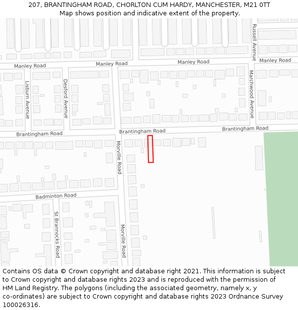 207, BRANTINGHAM ROAD, CHORLTON CUM HARDY, MANCHESTER, M21 0TT: Location map and indicative extent of plot