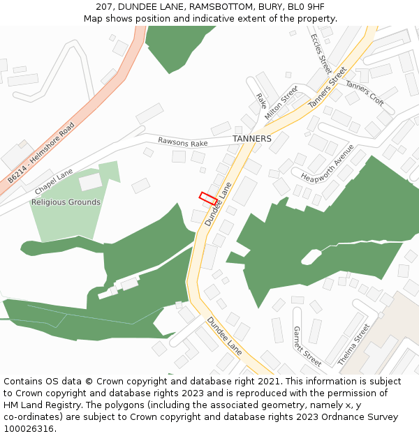 207, DUNDEE LANE, RAMSBOTTOM, BURY, BL0 9HF: Location map and indicative extent of plot