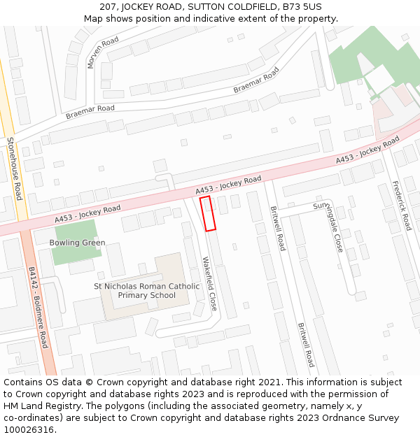 207, JOCKEY ROAD, SUTTON COLDFIELD, B73 5US: Location map and indicative extent of plot