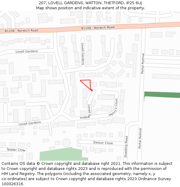 207, LOVELL GARDENS, WATTON, THETFORD, IP25 6UJ: Location map and indicative extent of plot