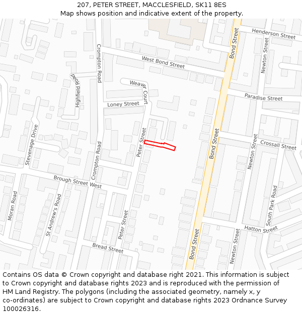 207, PETER STREET, MACCLESFIELD, SK11 8ES: Location map and indicative extent of plot