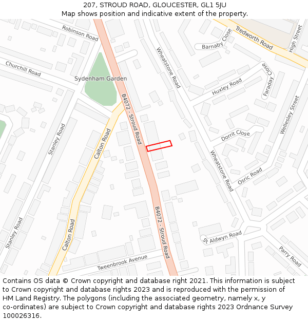 207, STROUD ROAD, GLOUCESTER, GL1 5JU: Location map and indicative extent of plot