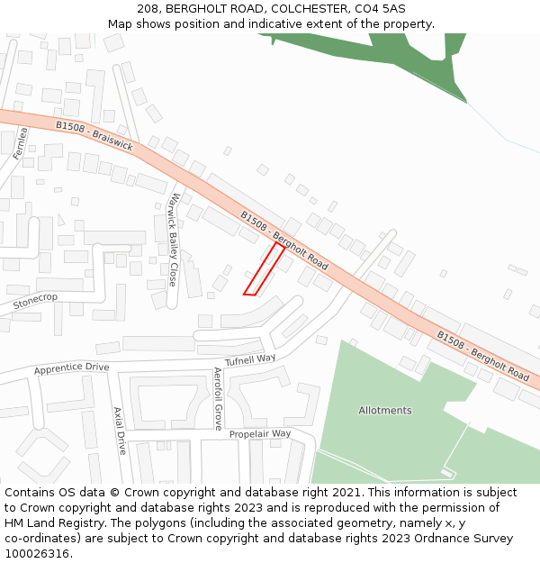 208, BERGHOLT ROAD, COLCHESTER, CO4 5AS: Location map and indicative extent of plot