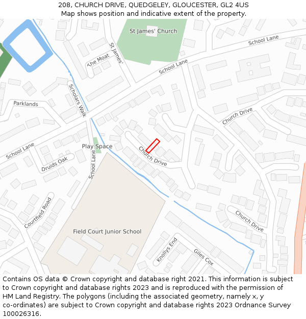 208, CHURCH DRIVE, QUEDGELEY, GLOUCESTER, GL2 4US: Location map and indicative extent of plot