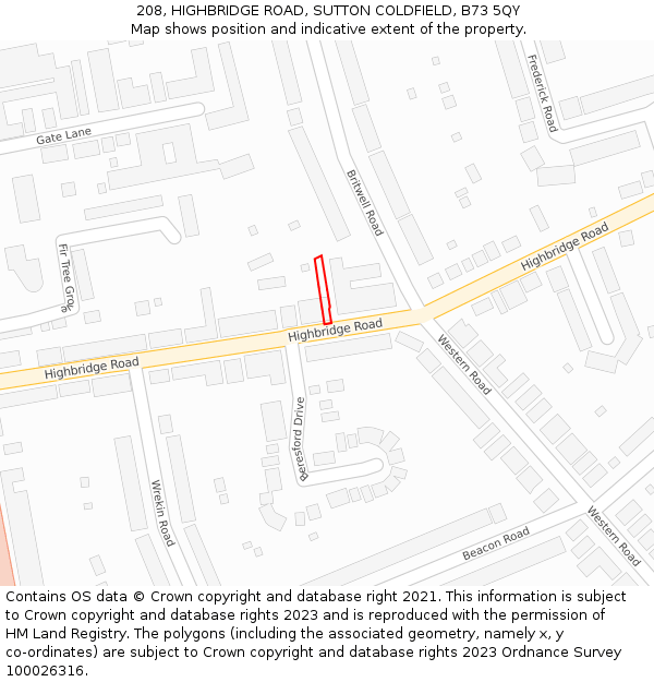 208, HIGHBRIDGE ROAD, SUTTON COLDFIELD, B73 5QY: Location map and indicative extent of plot