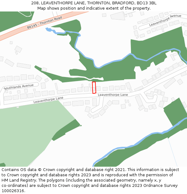 208, LEAVENTHORPE LANE, THORNTON, BRADFORD, BD13 3BL: Location map and indicative extent of plot