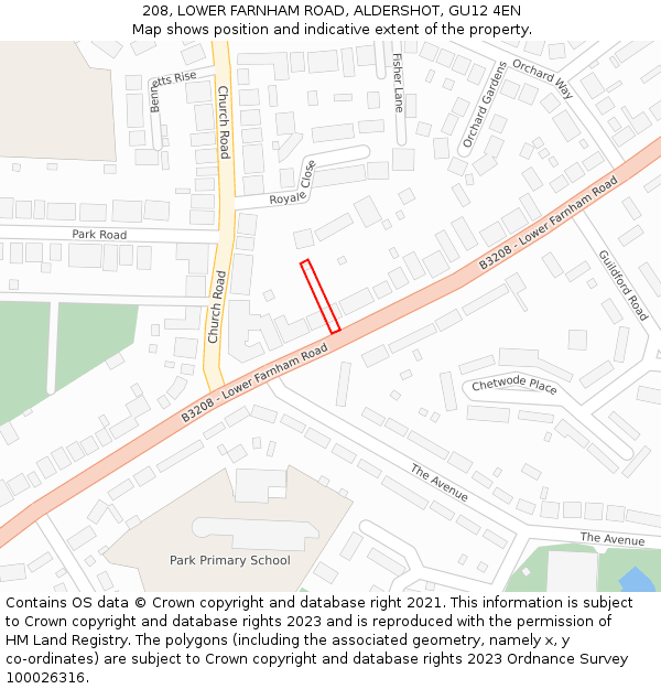 208, LOWER FARNHAM ROAD, ALDERSHOT, GU12 4EN: Location map and indicative extent of plot