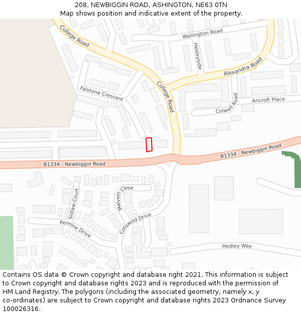 208, NEWBIGGIN ROAD, ASHINGTON, NE63 0TN: Location map and indicative extent of plot