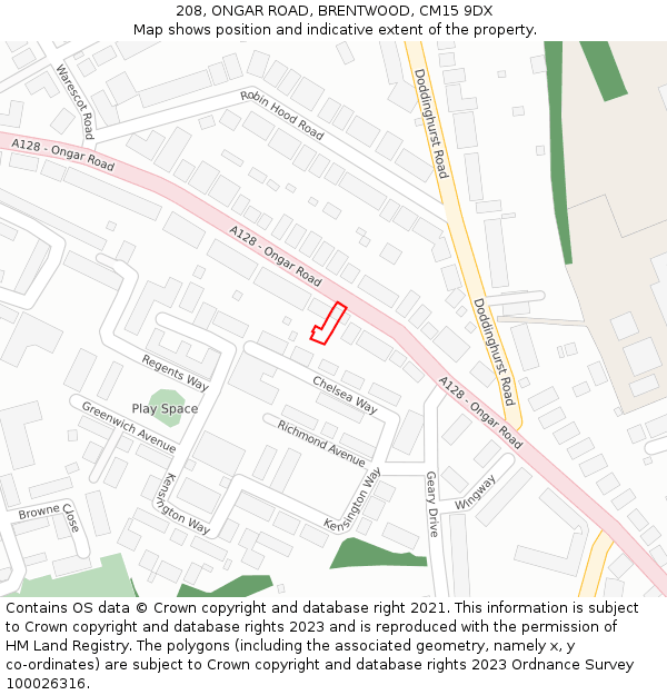 208, ONGAR ROAD, BRENTWOOD, CM15 9DX: Location map and indicative extent of plot