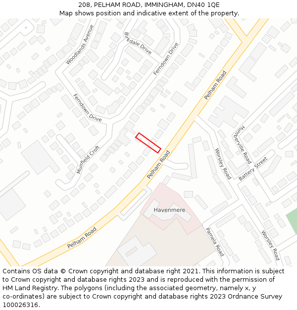 208, PELHAM ROAD, IMMINGHAM, DN40 1QE: Location map and indicative extent of plot