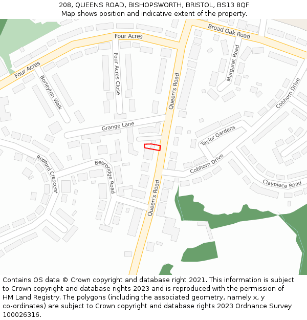 208, QUEENS ROAD, BISHOPSWORTH, BRISTOL, BS13 8QF: Location map and indicative extent of plot