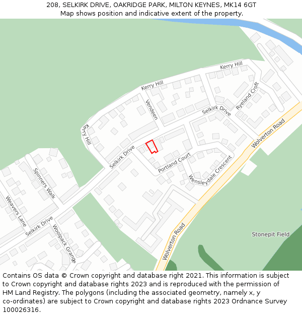 208, SELKIRK DRIVE, OAKRIDGE PARK, MILTON KEYNES, MK14 6GT: Location map and indicative extent of plot