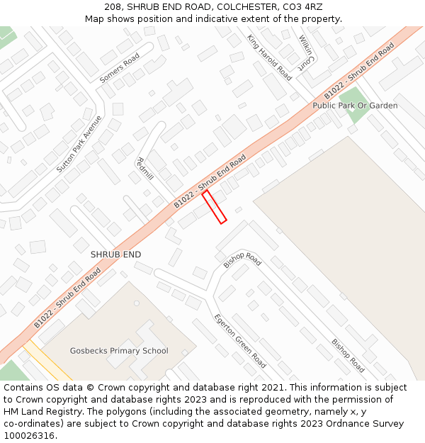 208, SHRUB END ROAD, COLCHESTER, CO3 4RZ: Location map and indicative extent of plot