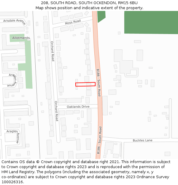 208, SOUTH ROAD, SOUTH OCKENDON, RM15 6BU: Location map and indicative extent of plot