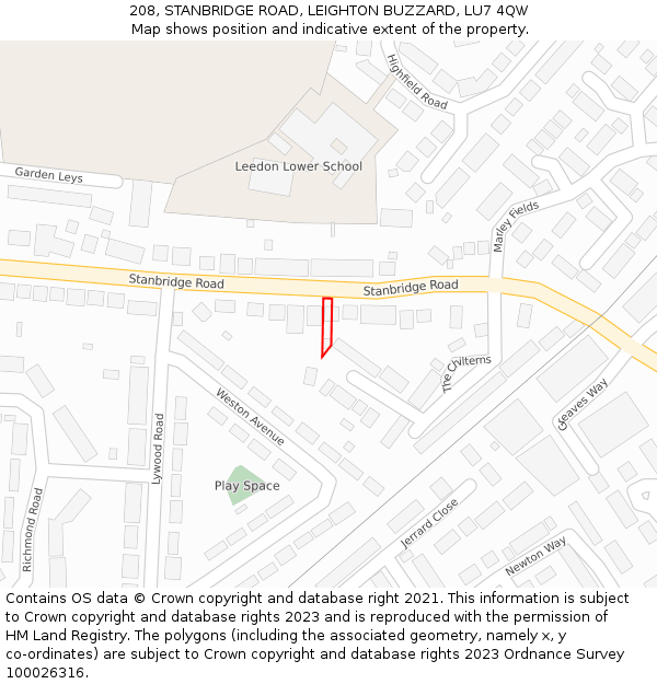 208, STANBRIDGE ROAD, LEIGHTON BUZZARD, LU7 4QW: Location map and indicative extent of plot