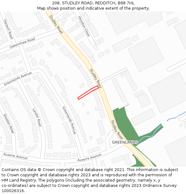 208, STUDLEY ROAD, REDDITCH, B98 7HL: Location map and indicative extent of plot